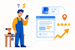 Business owner with website screen and Google Business Profile pin