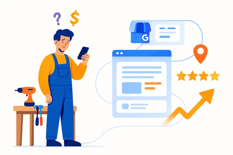 Business owner with website screen and Google Business Profile pin