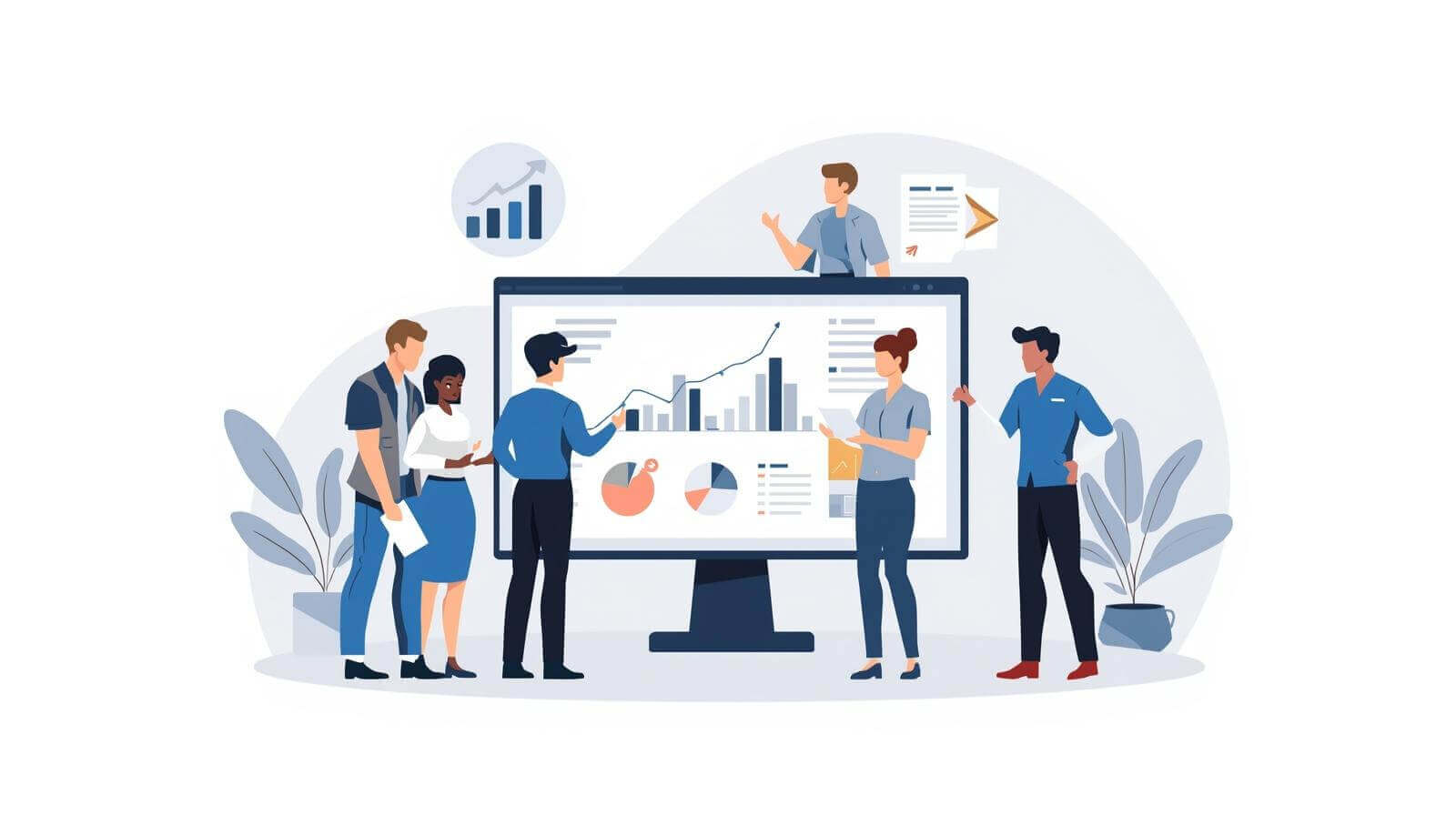 SEO audit process illustration: experts analyzing website data and reviewing files