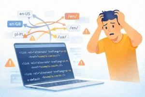 Confused SEO specialist looking at hreflang tags on a laptop screen