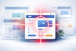 focused website layout with blurred background elements