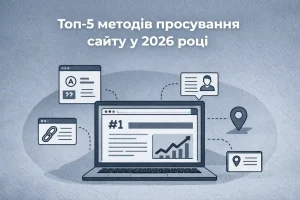 Top 5 SEO promotion methods illustration with laptop and website growth elements in blue monochrome style